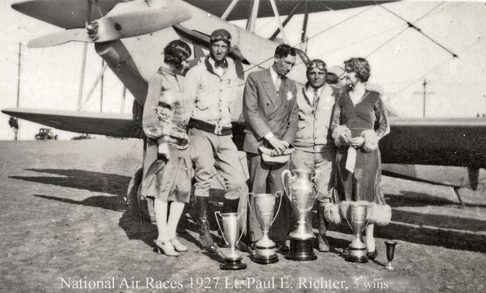 Air ace' Paul Richter, 2nd from right, with 5 trophies in one day, National Air Races 1927. Jack Frye, 2nd from left